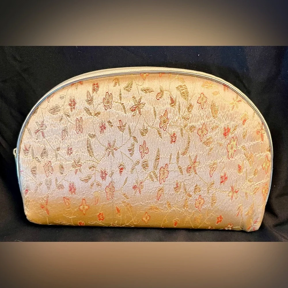 New VTG Silk Brocade Floral Cosmetic Bag Set 5 Nesting Makeup Travel Pouch Gold